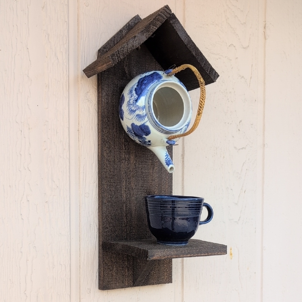 Rustic Wooden Handcrafted Bird Feeder Teapot Blue Bird Cafe - Picture 4 of 16